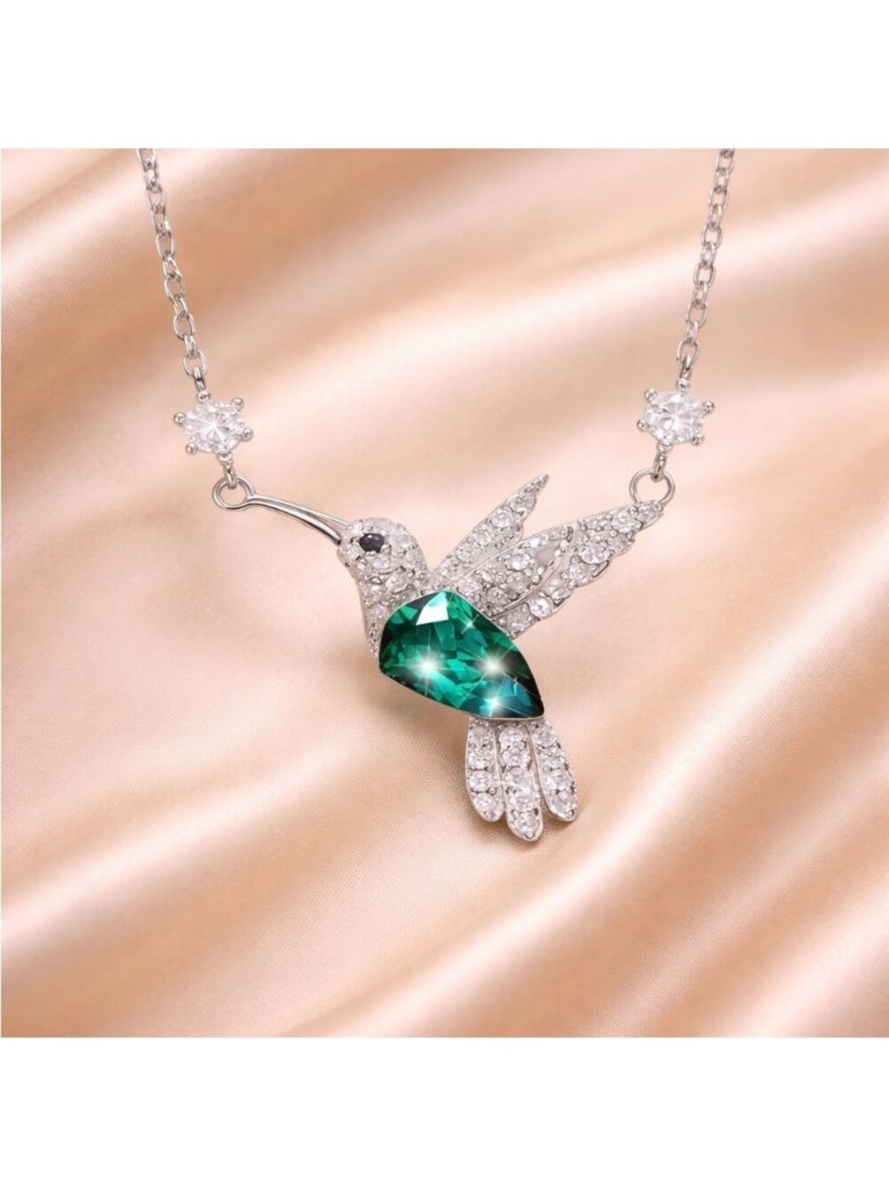 Vintage Hummingbird Green Silver Necklace